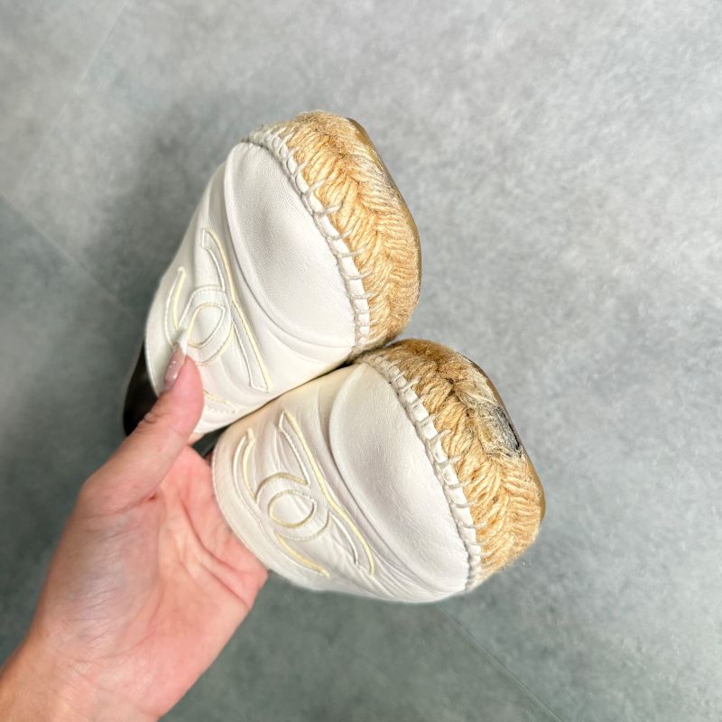 Chanel Espadrille Coco Mark Flat Shoes Leather White 37 24cm (9.45in) Women's