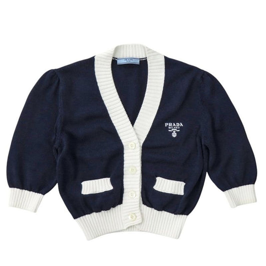 Prada Cropped Cotton Cardigan P25 I04 Size 36 Navy Short Sleeves Knit