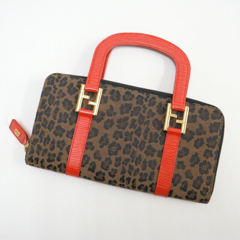 Fendi Handbag Leopard Print Canvas Leather Brown Red