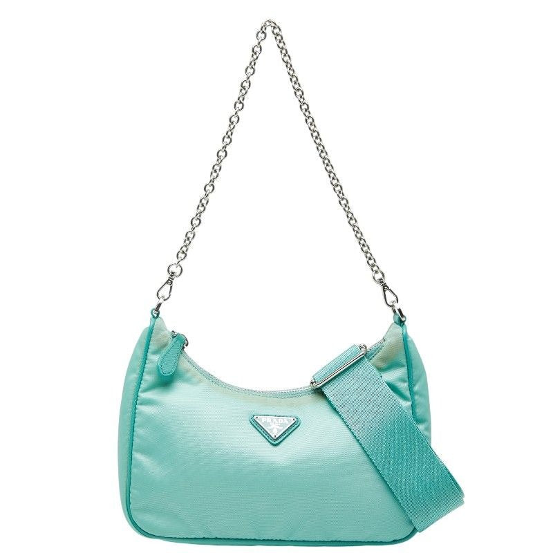 Prada Triangle Logo Plate Chain Shoulder Bag 2-Way Light Green Nylon