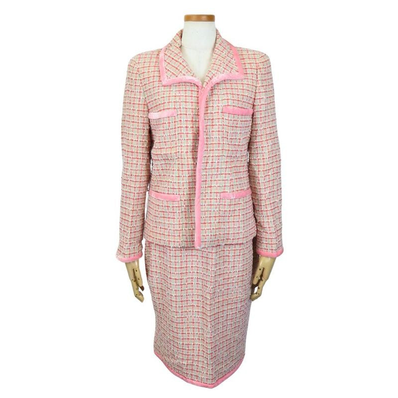 Chanel Set Up 38 Wool Cotton Nylon Pink Red Multicolor Tweed Coco Button