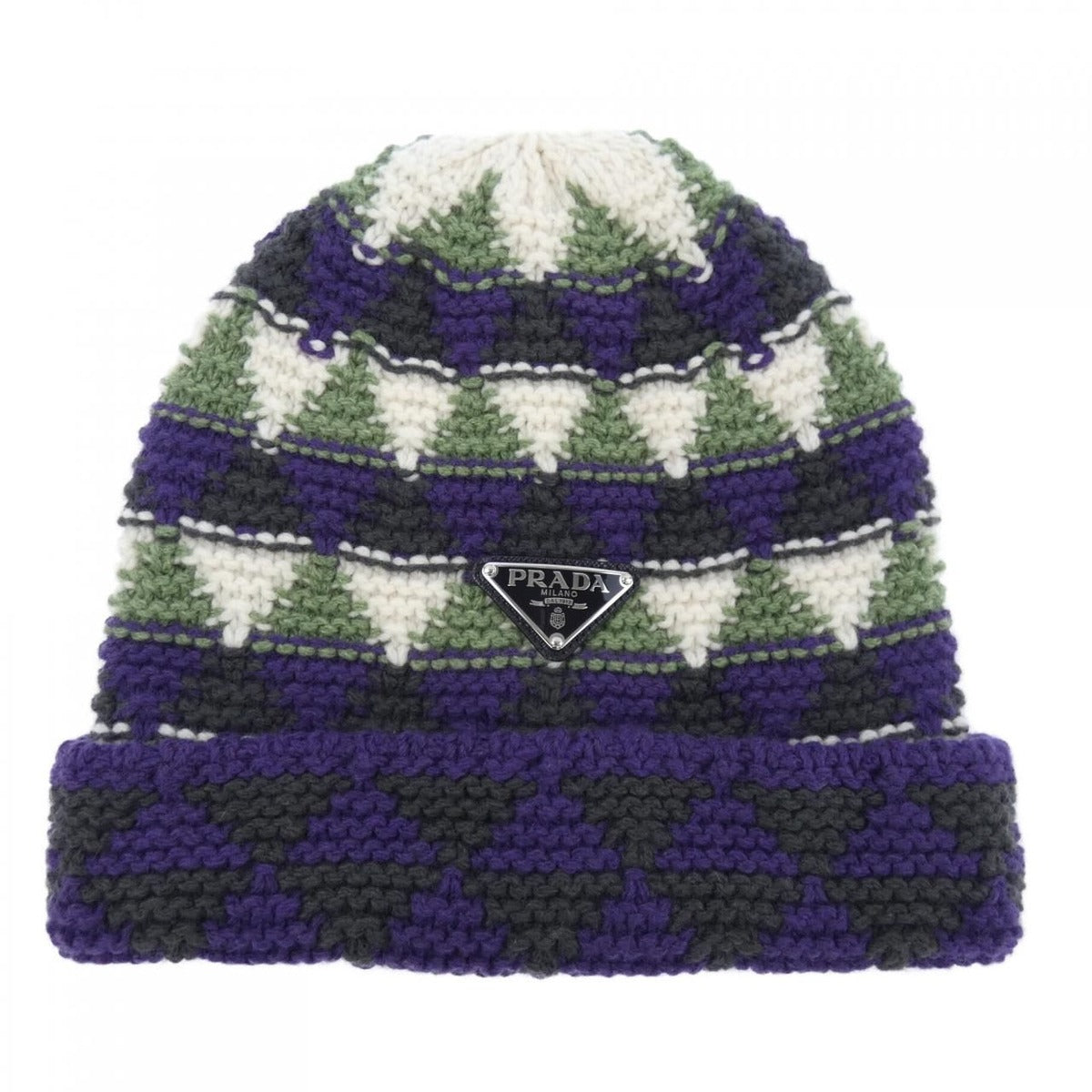 Prada Triangle Logo Knit Cap Purple Green Beige