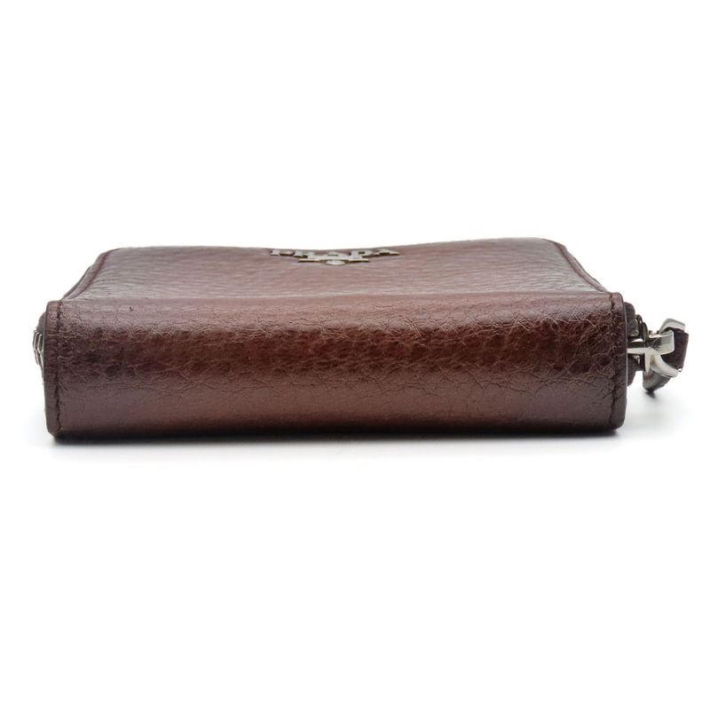 Prada Bifold Wallet 1m0522 Leather Cacao Brown Silver Hardware Compact Round