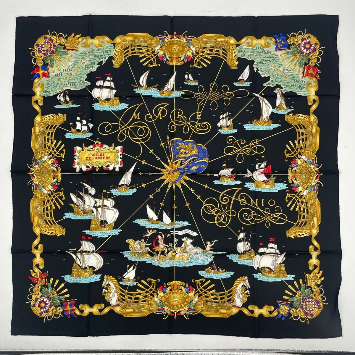 Hermes Scarf Silk Carre 90 Voiles de Lumiere Sailing Ship Of Light Black — view 2