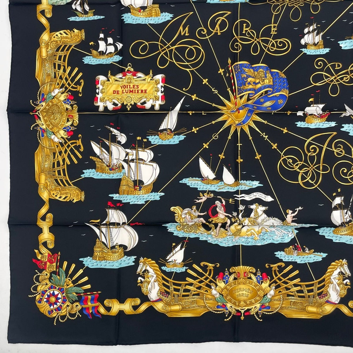 Hermes Scarf Silk Carre 90 Voiles de Lumiere Sailing Ship Of Light Black — view 5