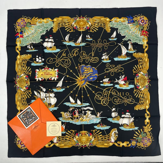 Hermes Scarf Silk Carre 90 Voiles de Lumiere Sailing Ship of Light Black