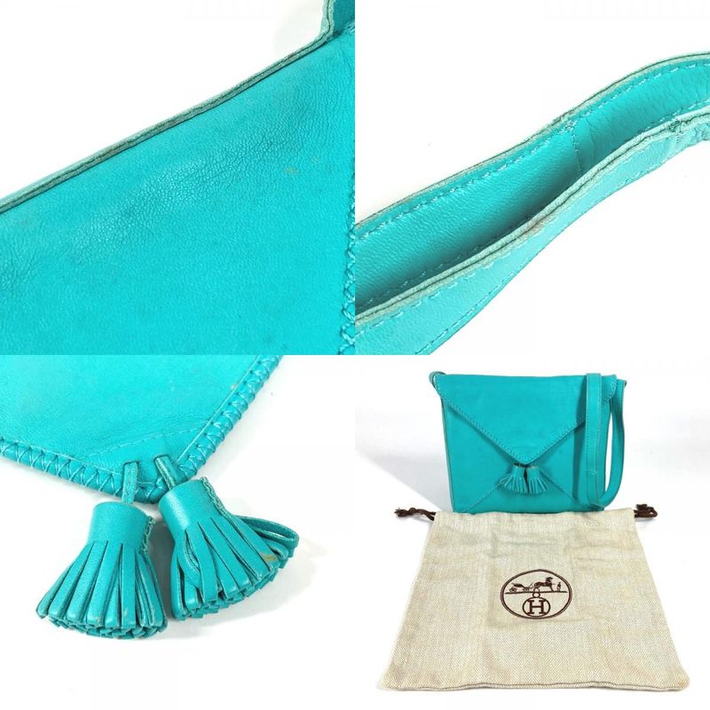 Hermes Shoulder Bag Sac Pompon Leather Turquoise Blue