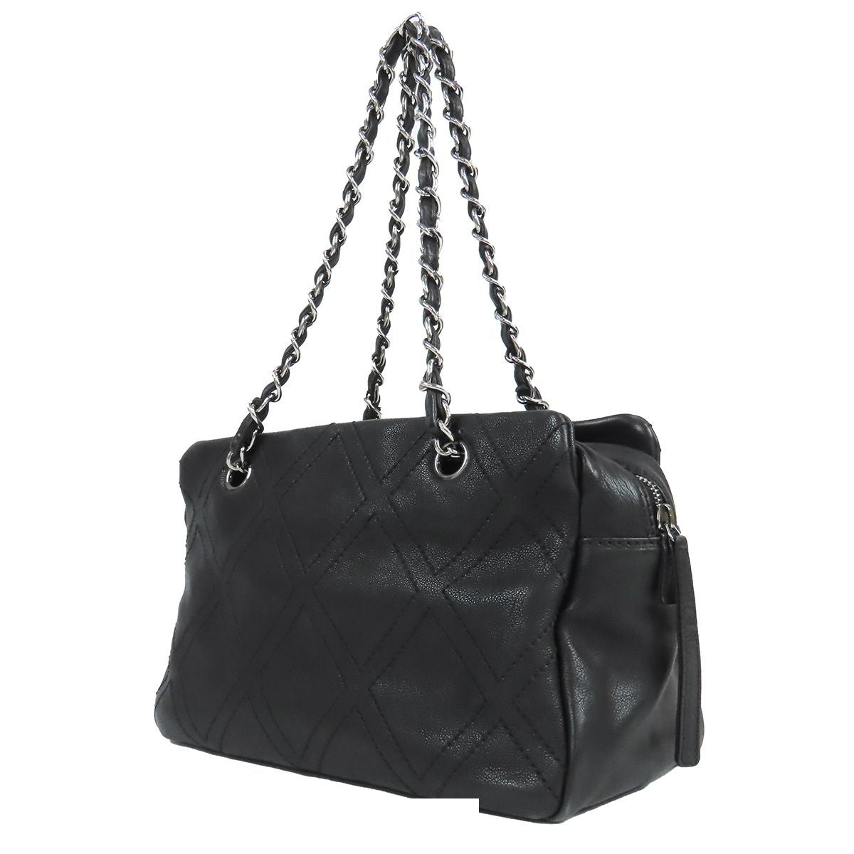 Chanel Diamond Stitch Chain Black Silver Leather CC Logo Shoulder Bag — view 2