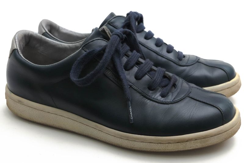 Chanel Shoes Sneakers Shoes Low Cut Women Leather Genuine Leather Navy Blue