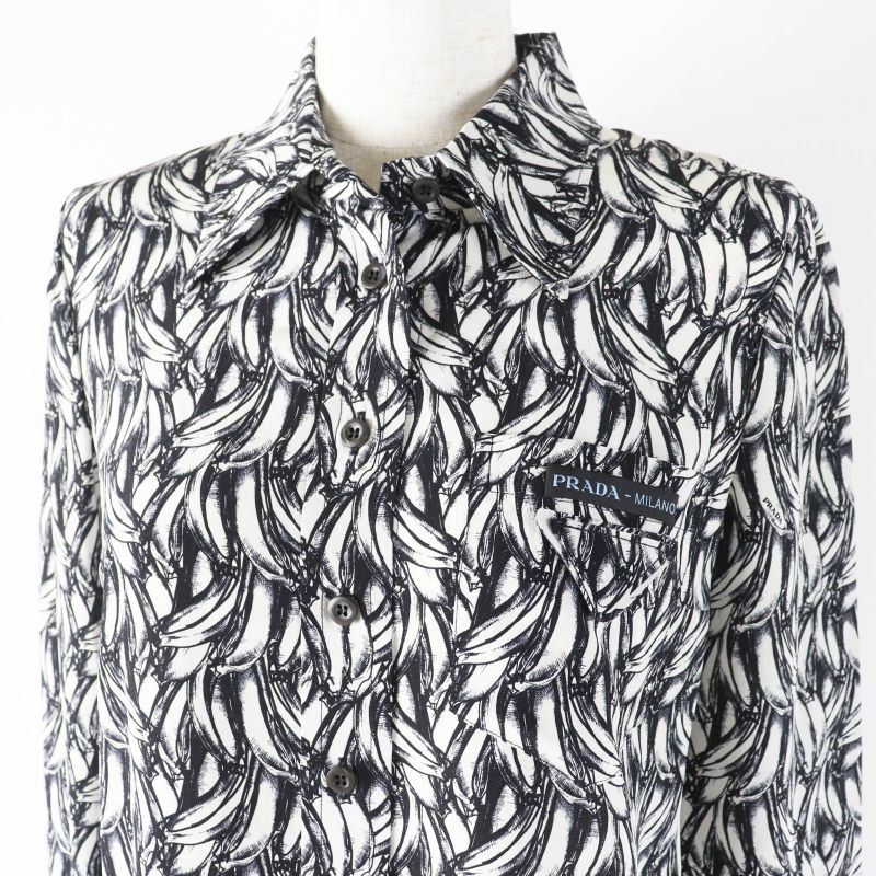 Prada 18AW P491c 100% Silk 100% Banana Allover Print Long Sleeve Shirt Black