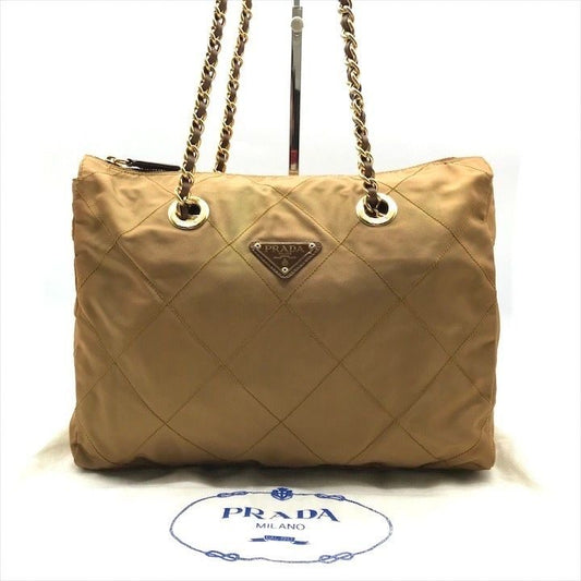 Prada Triangle Logo Nylon Tessuto Chain Tote Camel