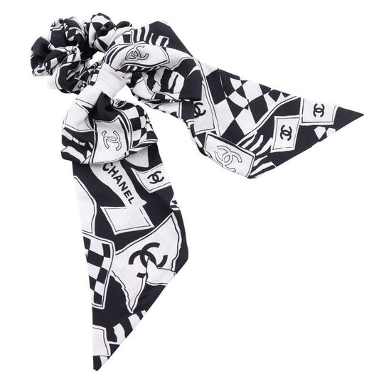 Chanel Ribbon Scrunchie Coco Mark Silk Black White