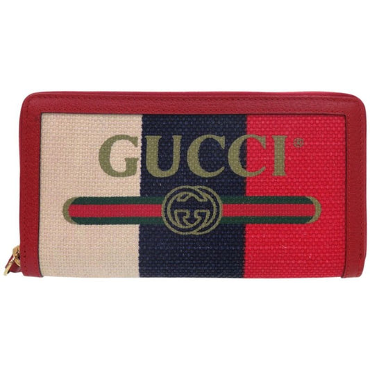 Gucci Tricolor Print Zip Around Wallet Canvas Leather Red Long