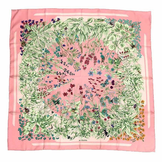 Hermes Scarf Carre 90 la Prairie Meadow Flower Butterfly Pink