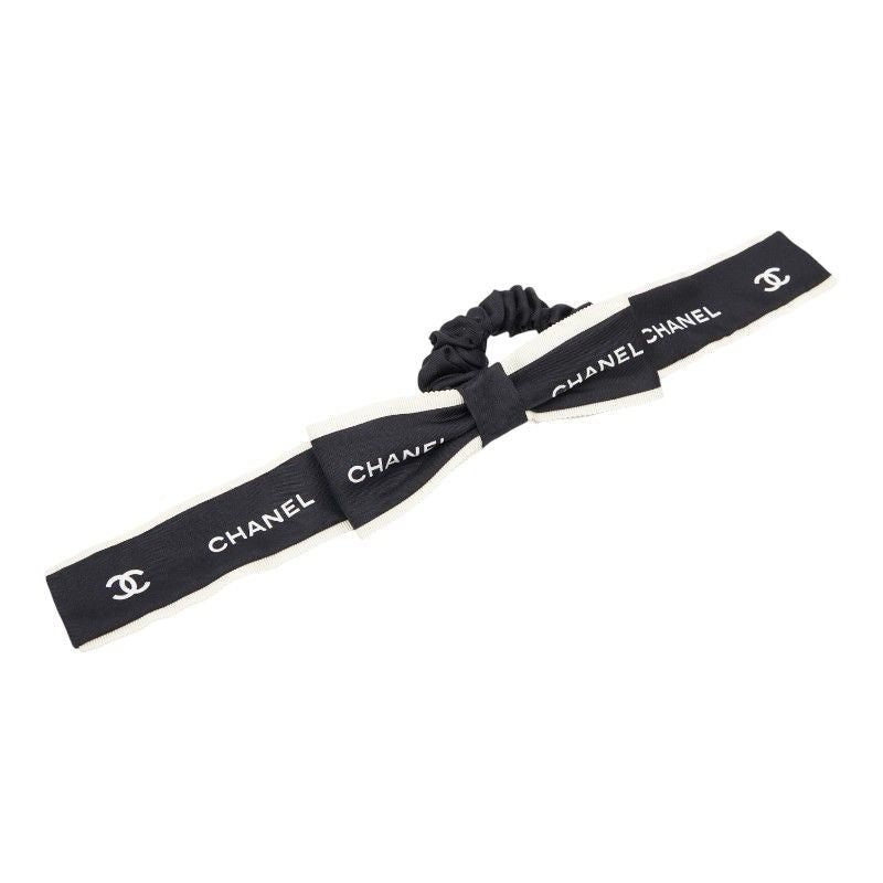 Chanel Coco Mark Logo Ribbon Chouche Hair Accessory Black White Silk