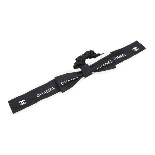Chanel Coco Mark Logo Ribbon Chouche Hair Accessory Black White Silk