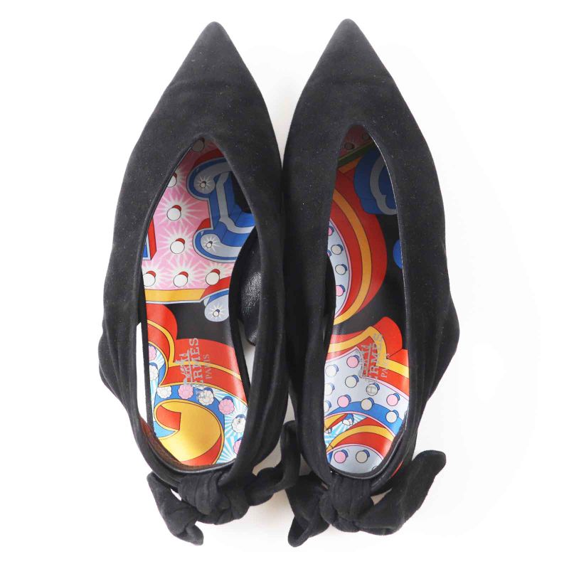 Hermes 2022 221013z Back Ribbon Pointed Toe Low Heel Suede Leather V Cut Pumps