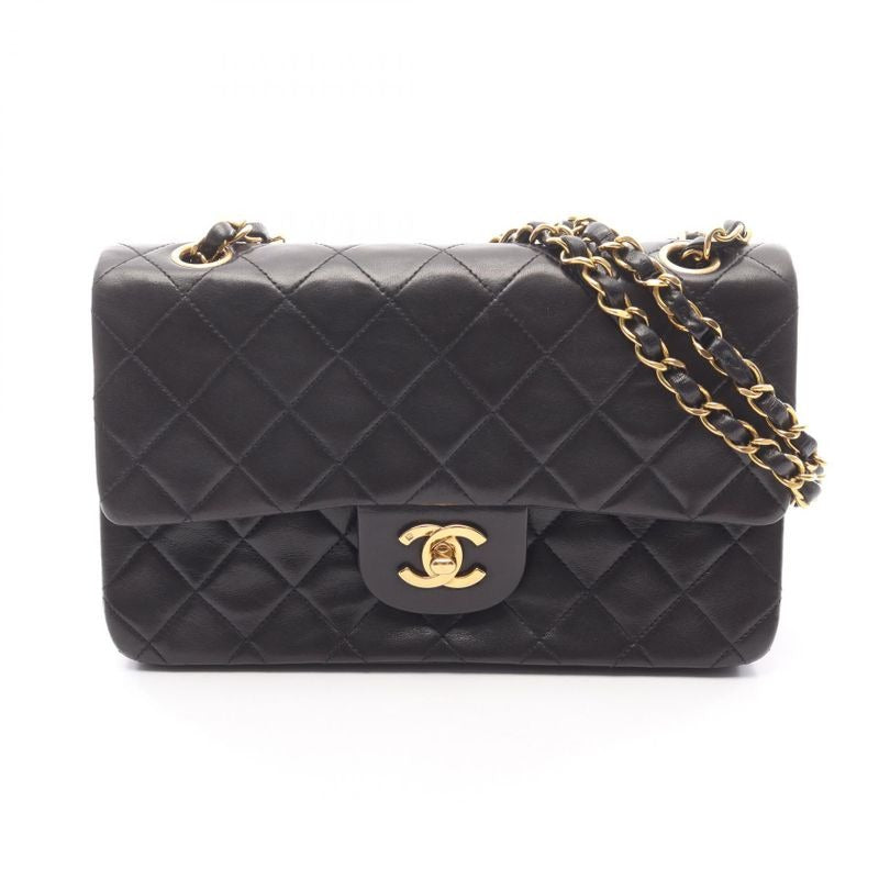 Chanel Shoulder Bag Quilted Double Flap Black Lambskin Chain