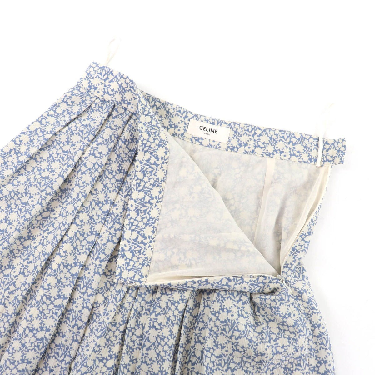 Celine Silk Hedi Slimane Era Floral Print Knee Length Light Blue Off White 38 — view 5