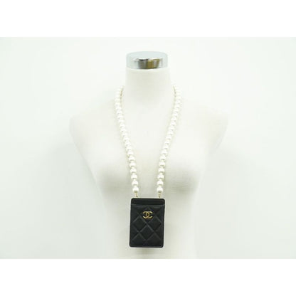 Chanel Coco Mark Quilted Faux Pearl Chain Card Case Pass — view 7