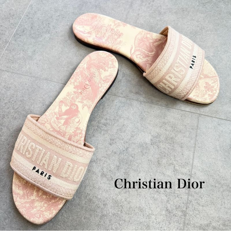 Christian Dior Dway Slide Sandals Embroidered Cotton Flat Mules 38 1 2