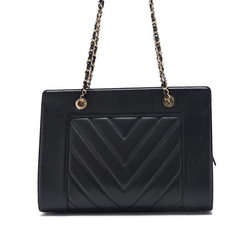 Chanel V Stitch Decacoco Double Chain Shoulder Lamb Skin Black With Gold