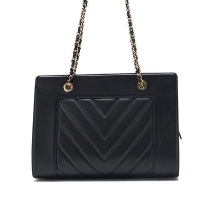 Chanel V Stitch Decacoco Double Chain Shoulder Lamb Skin Black With Gold