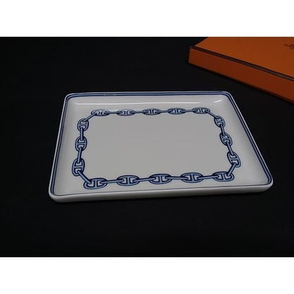Hermes Chaine D'ancre Square Plate Dish Tableware White and Blue