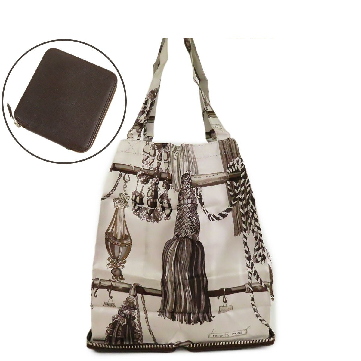 Hermes Silky Pop Dark Brown Gray Silver Buffalo Silk String Decoration Tote Bag