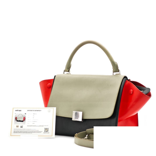 Celine Leather Trapeze 2-Way Shoulder Bag Black Khaki Red Strap