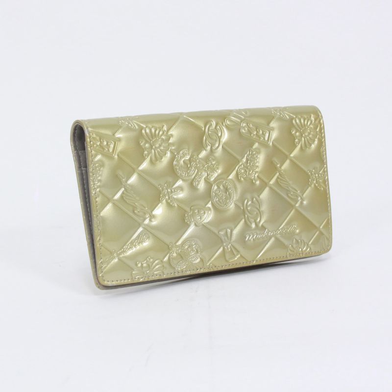 Chanel Bifold Long Wallet Enamel Light Yellow Wallet Silver