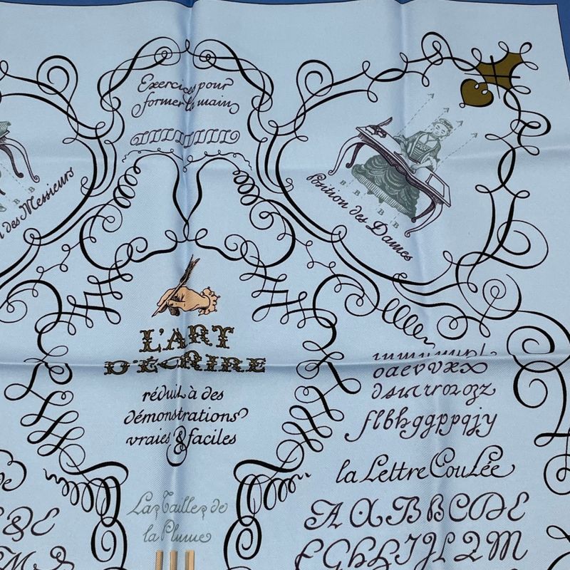 Hermes Calligraphy Art Scarf Silk Blue
