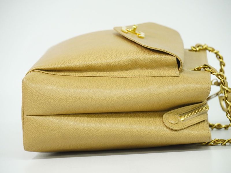 Authentic Chanel Coco Mark Shoulder Bag Tote Bag Caviar Skin Leather Beige Coco