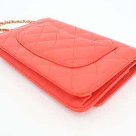 Chanel Chain Wallet Matelasse Lambskin Red Gold Hardware