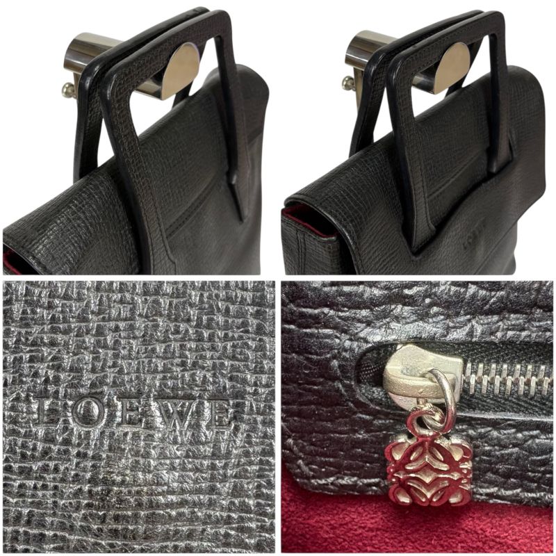 Loewe Logo Shape Stamping Top Handle Bag Mini Tote Bag Black Grained Leather