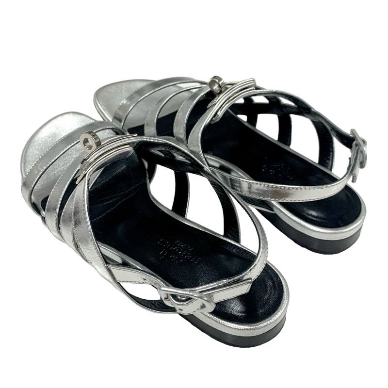 Hermes Transat Sandals Shoes Leather Silver Flat Sandals Kelly Hardware