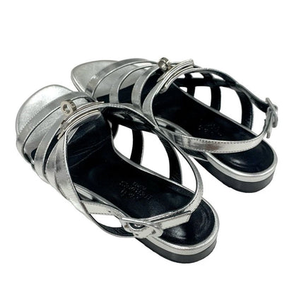 Hermes Transat Sandals Shoes Leather Silver Flat Sandals Kelly Hardware