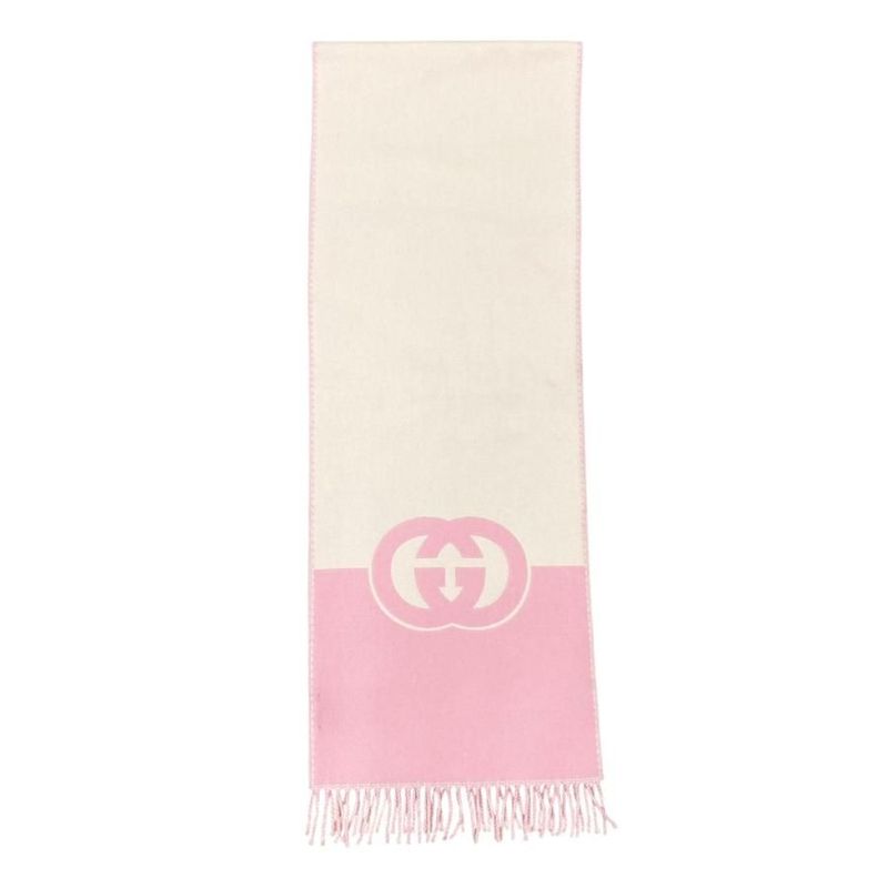 Gucci Scarf Interlocking G Scarf 715497 Wool Cashmere Fringe Pink Beige Gucci