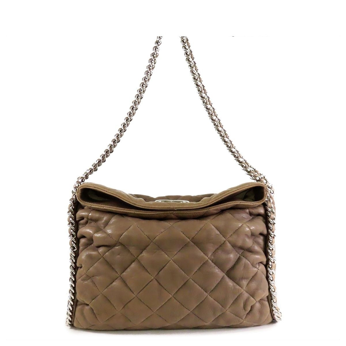 Chanel Line Chain Around Shoulder Bag Taupe Silver Leather