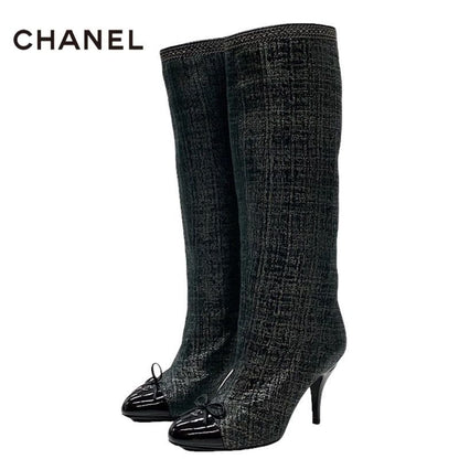 Chanel Boots Long Coco Mark Ribbon Chain Fabric Black