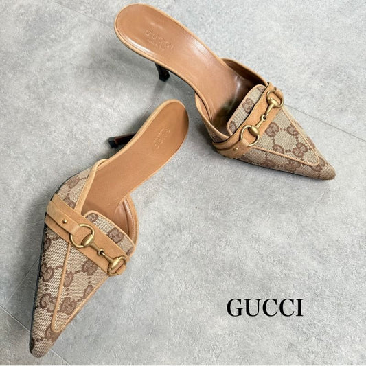 Gucci Horsebit Pumps GG Canvas Beige Gold Hardware 34 1 2 C Shoes