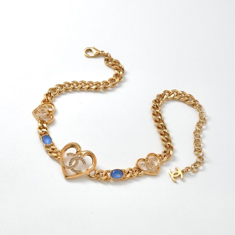Chanel Necklace Pendant Choker Gold Blue Coco Mark Heart Rhinestone Chain
