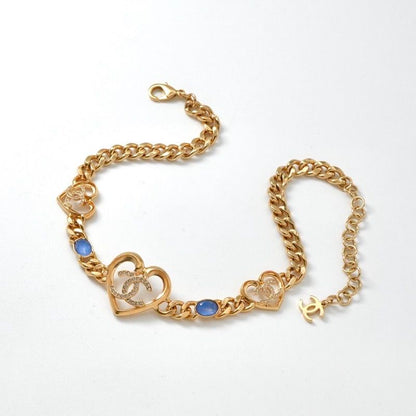 Chanel Necklace Pendant Choker Gold Blue Coco Mark Heart Rhinestone Chain