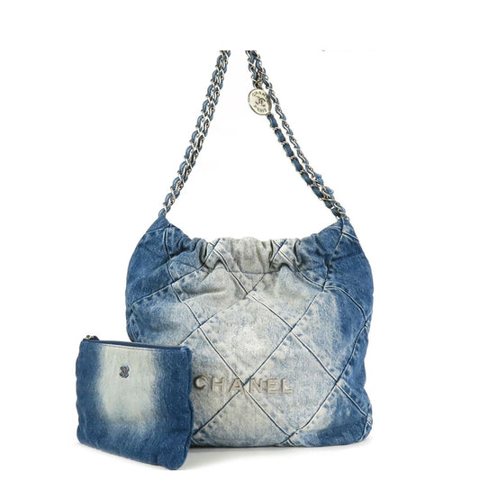 Chanel 22 Blue Silver Denim Small Quilted Shoulder Bag