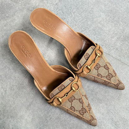 Gucci Horsebit Pumps GG Canvas Beige Gold Hardware 34 1 2 C Women's Shoes