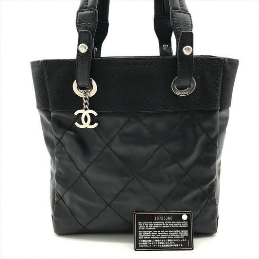 Chanel CC Logo Paris Biarritz PM Hand Bag Black Jacket