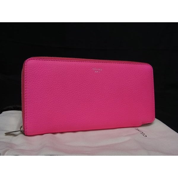 Celine Leather Round Zipper Long Wallet Billfold Coin Purse Card Holder Pink