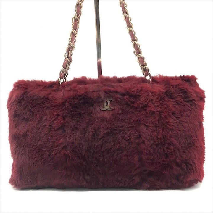 Chanel CC Logo Rabbit Chain Shoulder Bag Wine Red Gold Vintage