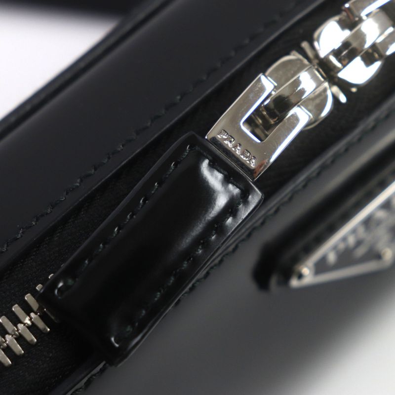 Prada 2vh173 Brick Brushed Leather Triangle Logo Shoulder Bag Black Made In