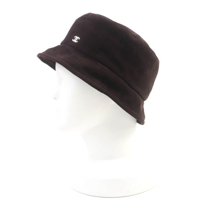 CHANEL 23AW Goatskin Bucket Hat With Coco Mark Hardware Hat Brown M With Box